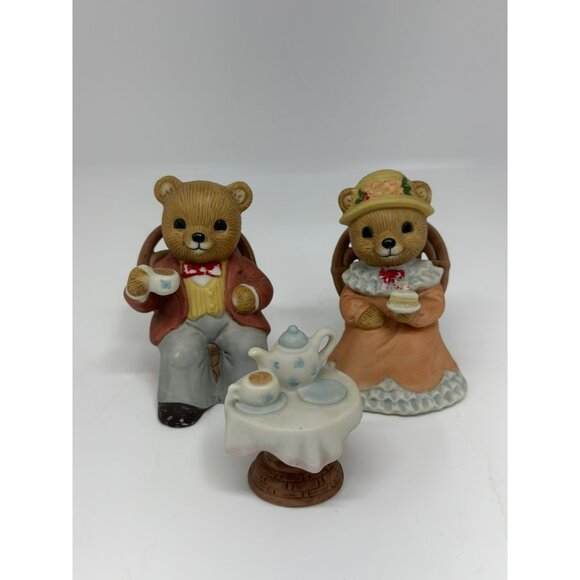 VTG HOMCO Tea Time Bears Figurine Set | Ceramic Mr. & Mrs. Teddy Bears w/ Table - Picture 3 of 8